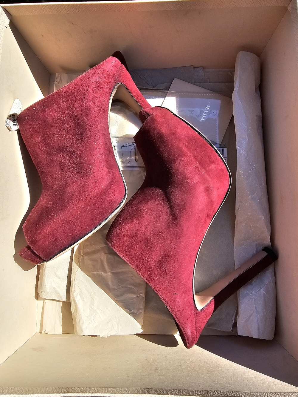 Prada Granato Suede Peep-Toe Mule Heels  Size 37.5 Rich Burgundy